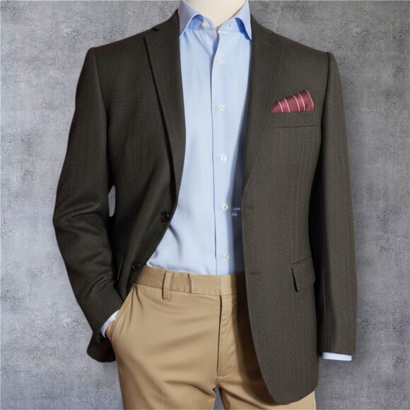 DKNY Mens Blazer Sport Coat Two Button Jacket 40R WOOLBrown Herringbone Suits